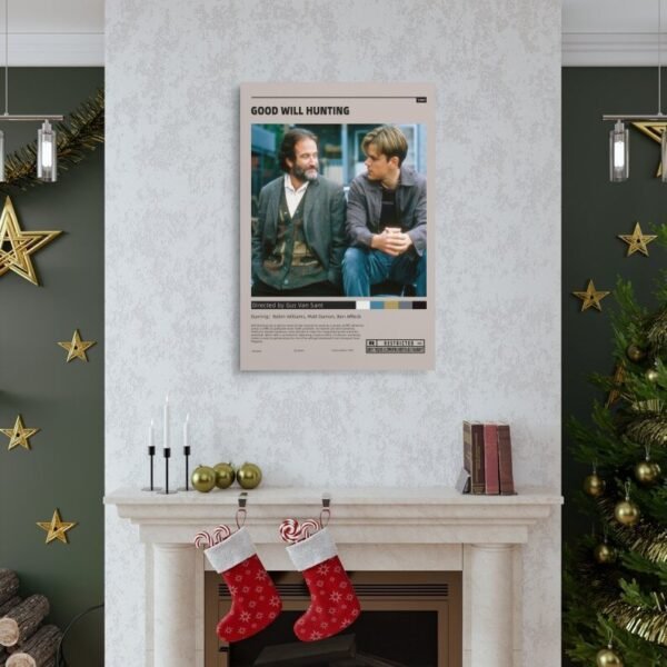 Good Will Hunting movie poster displayed as elegant wall art above fireplace mantel in Christmas decorated living room.