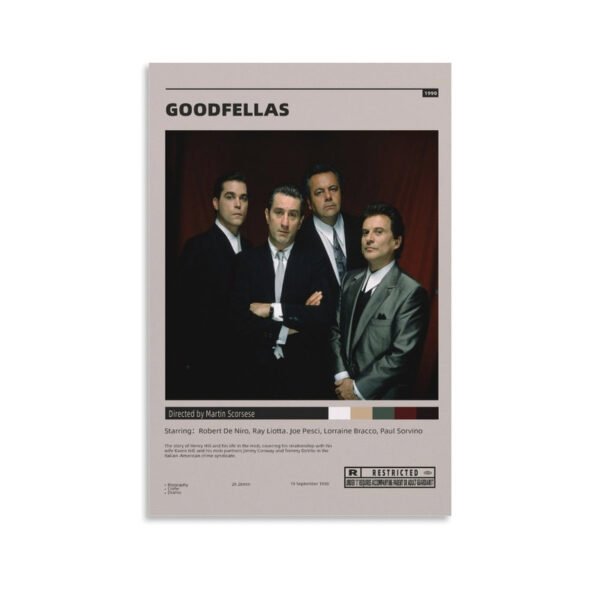 Goodfellas movie poster from 1990 directed by Martin Scorsese featuring Robert De Niro, Ray Liotta, Joe Pesci, and Paul Sorvino.