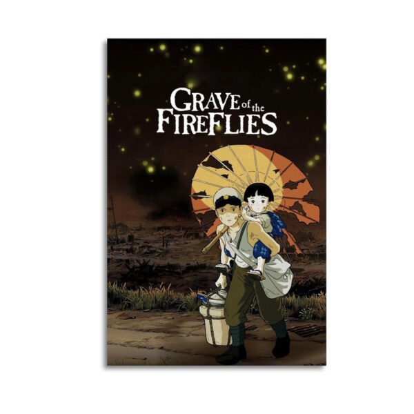 Grave of the Fireflies canvas print featuring Seita and Setsuko with fireflies and damaged umbrella in wartime Japan setting