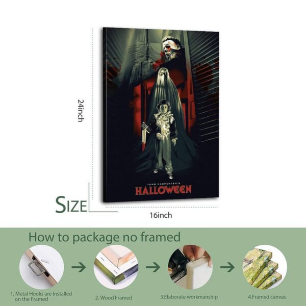 Halloween movie poster 16x24 inch canvas print with step-by-step unframed packaging and installation guide