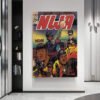 Hip-hop comic book style wall art poster displayed in modern minimalist home interior with clean white walls and contemporary furniture