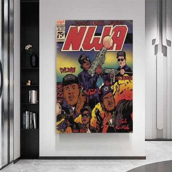 Hip-hop comic book style wall art poster displayed in modern minimalist home interior with clean white walls and contemporary furniture