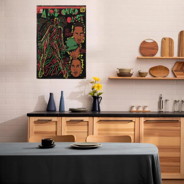 A Tribe Called Quest vintage comic poster displayed as wall art in modern Scandinavian kitchen with wood cabinets and floating shelves