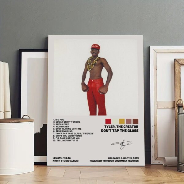 A framed poster of a concept album by Tyler, The Creator called "Don't Tap The Glass," displayed as wall art in a modern room.