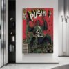 Large Pusha T King Push horror comic poster displayed as statement wall art in modern minimalist interior with contemporary furnishings and built-in shelving