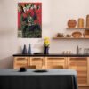 Pusha T King Push comic poster displayed as kitchen wall art in modern Scandinavian-style kitchen with wood cabinets, black countertops, and contemporary dining setup