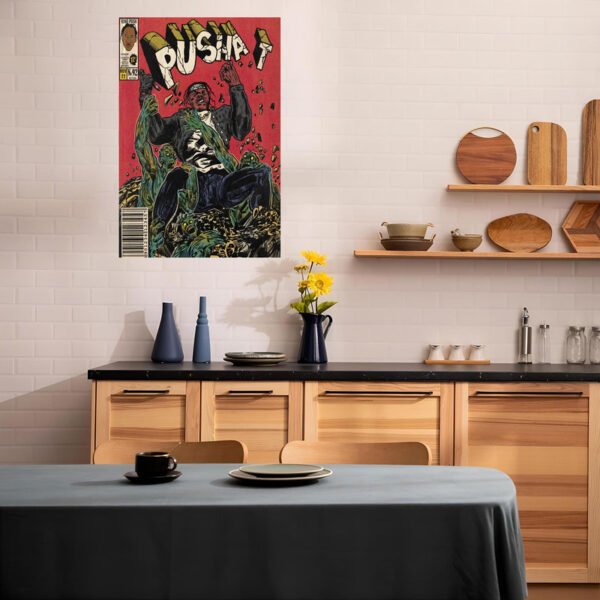 Pusha T King Push comic poster displayed as kitchen wall art in modern Scandinavian-style kitchen with wood cabinets, black countertops, and contemporary dining setup