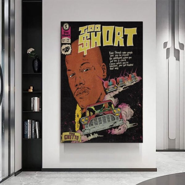 In-situ photo of a large Too Short comic book cover canvas art hanging on a white wall in a modern home, demonstrating how it serves as a stylish focal point.