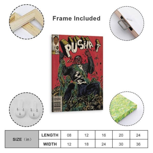 Pusha T King Push framed comic poster product display showing frame construction, hanging hardware, size options from 8x12 to 24x36 inches with professional packaging