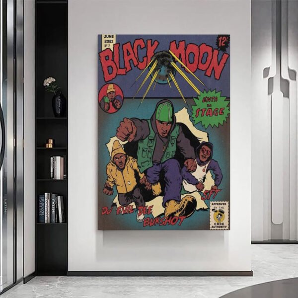 Black Moon vintage hip-hop poster displayed as modern wall art in contemporary minimalist interior design setting.
