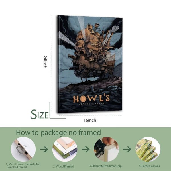 Howl's Moving Castle 16x24 inch framed canvas print showing professional packaging process with wood frame and metal hooks installation.