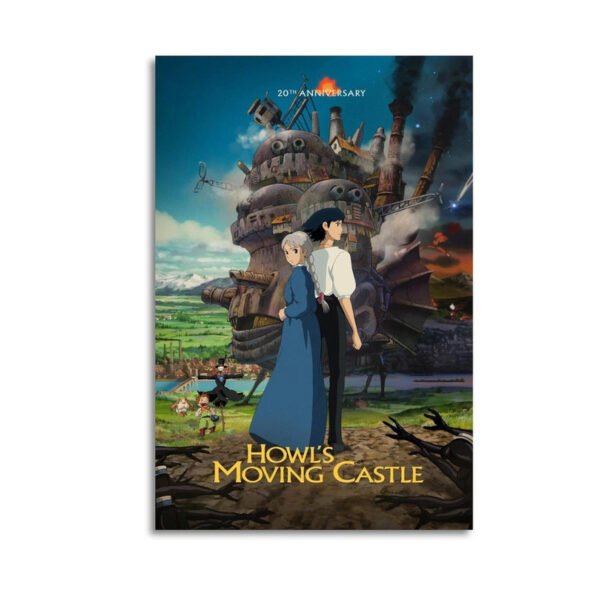 Howl's Moving Castle 20th Anniversary poster featuring Sophie and Howl with the iconic mechanical castle in Studio Ghibli's signature art style.