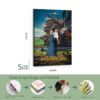 Howl's Moving Castle 20th Anniversary canvas poster showing professional packaging process from metal hooks to framed delivery in four detailed steps.
