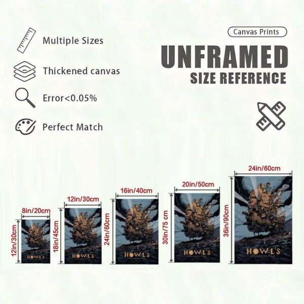 Howl's Moving Castle canvas print size reference guide showing multiple dimensions from 8in to 24in with quality specifications.