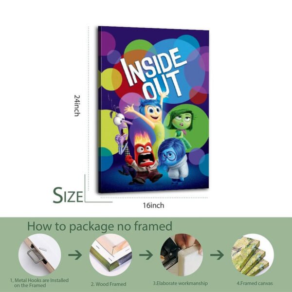 Inside Out 16x24 inch canvas print with packaging process showing metal hooks, wood framing, and professional workmanship steps.