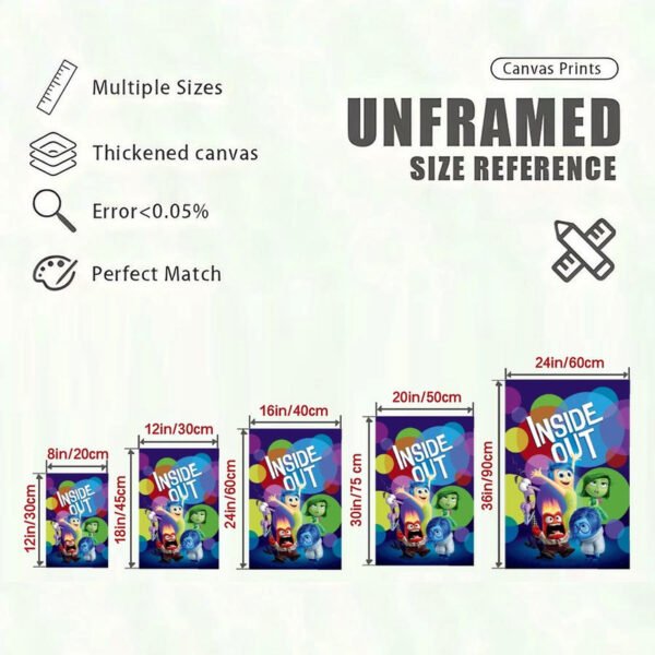 Inside Out canvas print size reference chart showing multiple dimensions from 8x12 to 24x36 inches with quality specifications.