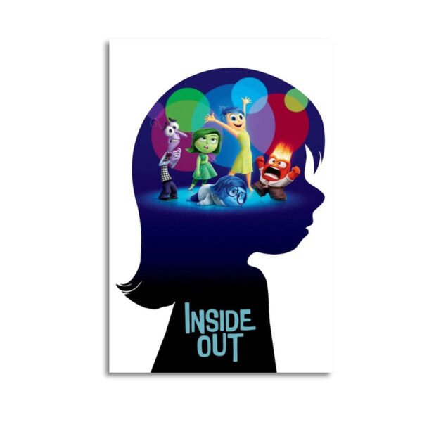 Inside Out Disney Pixar canvas wall art featuring Joy, Sadness, Anger, Fear and Disgust characters in colorful brain silhouette design.