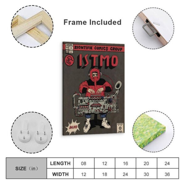 ISTMO framed vintage comic poster with wooden frame, hanging hardware included, multiple size options available.