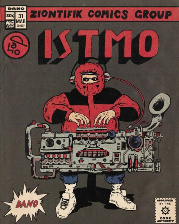 ISTMO vintage comic book cover featuring masked DJ character with sound mixing console, retro comic art poster.