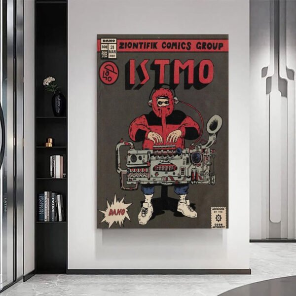 ISTMO vintage comic poster displayed in modern minimalist interior with marble floors and built-in shelving as contemporary wall art.