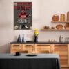 ISTMO vintage comic poster displayed in modern Scandinavian kitchen with wood cabinets, white subway tiles, and contemporary dining area.