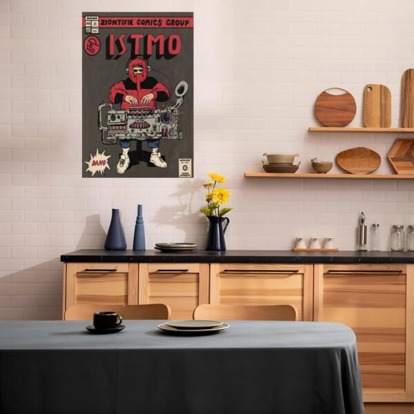 ISTMO vintage comic poster displayed in modern Scandinavian kitchen with wood cabinets, white subway tiles, and contemporary dining area.