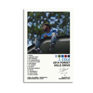 J. Cole 2014 Forest Hills Drive album cover poster with complete tracklist, featuring artist on rooftop for hip-hop wall decor