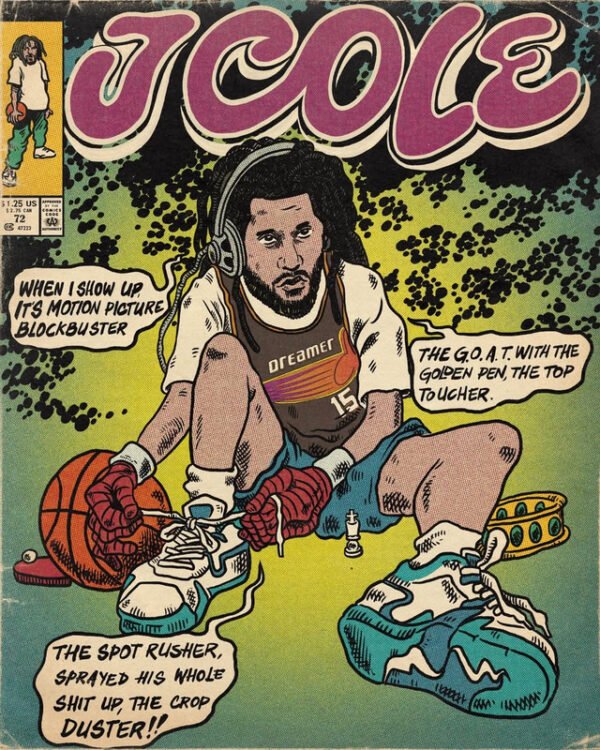J Cole vintage comic book poster featuring superhero styling with classic comic book elements, speech bubbles, and retro color scheme perfect for hip hop wall art.