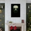 Jason Voorhees canvas wall art displayed above Christmas fireplace mantel in elegant living room with holiday decorations and green accent walls