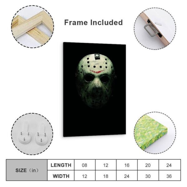 Jason Voorhees framed canvas art with wooden frame, hanging hardware, and size chart showing dimensions from 8x12 to 24x36 inches