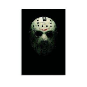 Jason Voorhees weathered hockey mask canvas print with red chevron marking on black background horror wall art