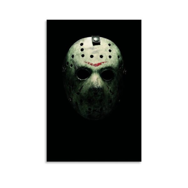 Jason Voorhees weathered hockey mask canvas print with red chevron marking on black background horror wall art