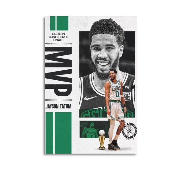 Jayson Tatum Eastern Conference Finals MVP poster featuring Boston Celtics star in number 0 jersey with championship trophy and team branding elements