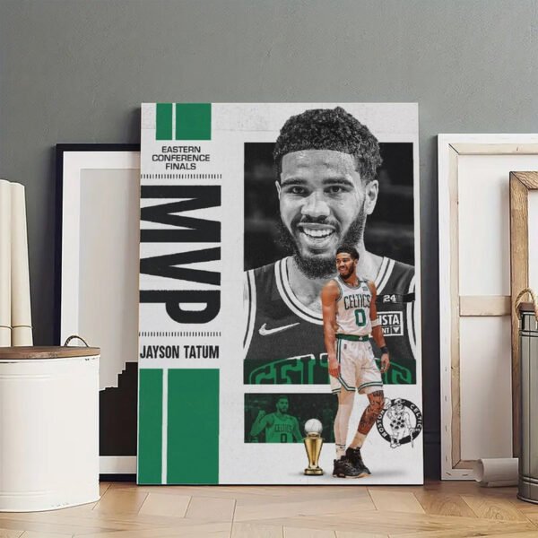 Jayson Tatum Eastern Conference Finals MVP poster featuring Boston Celtics star in number 0 jersey with championship trophy and team branding