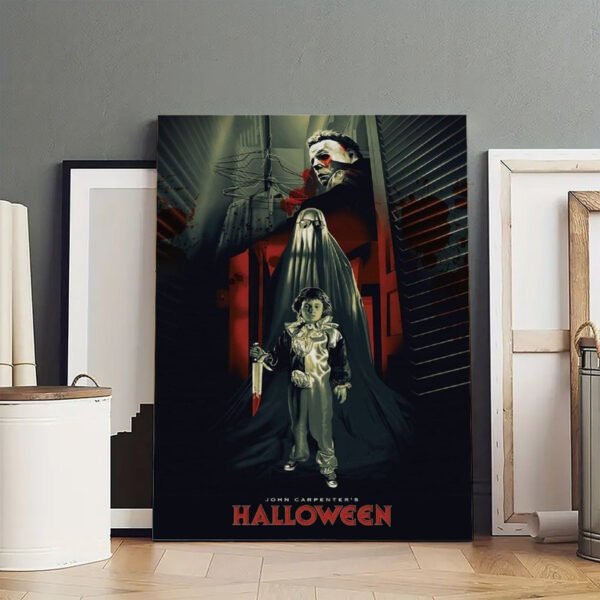 John Carpenter's Halloween movie poster canvas print displayed unframed in artist studio with Michael Myers horror imagery