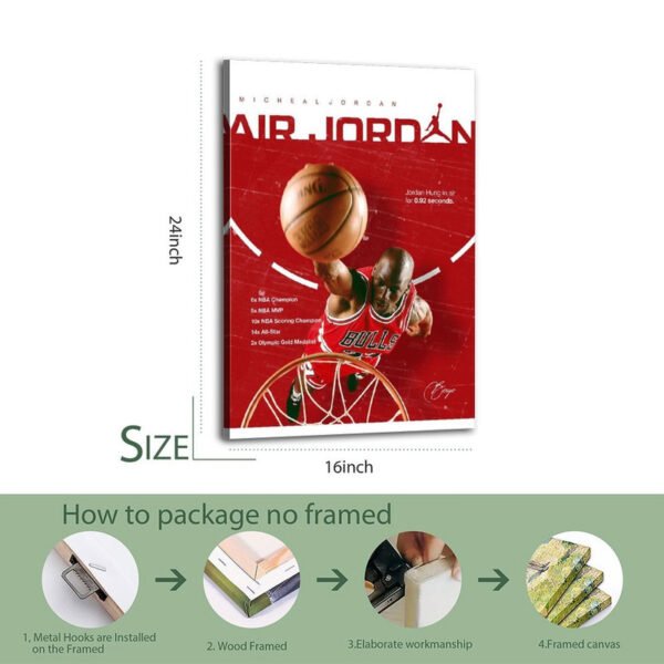 Framed Michael Jordan Air Jordan canvas print 24-inch with packaging and installation guide showing metal hooks and wood frame