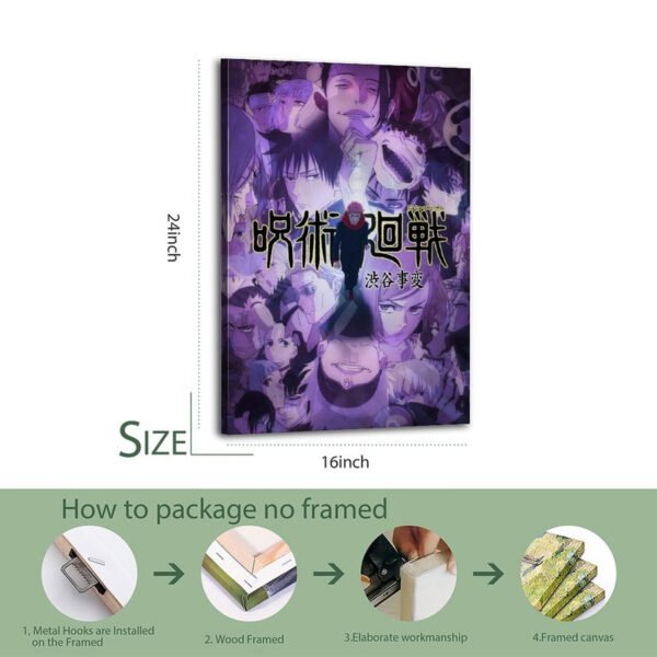 Jujutsu Kaisen Shibuya Incident canvas print showing 16x24 inch dimensions with step-by-step unframed packaging process including metal hooks, wood framing, and elaborate workmanship.