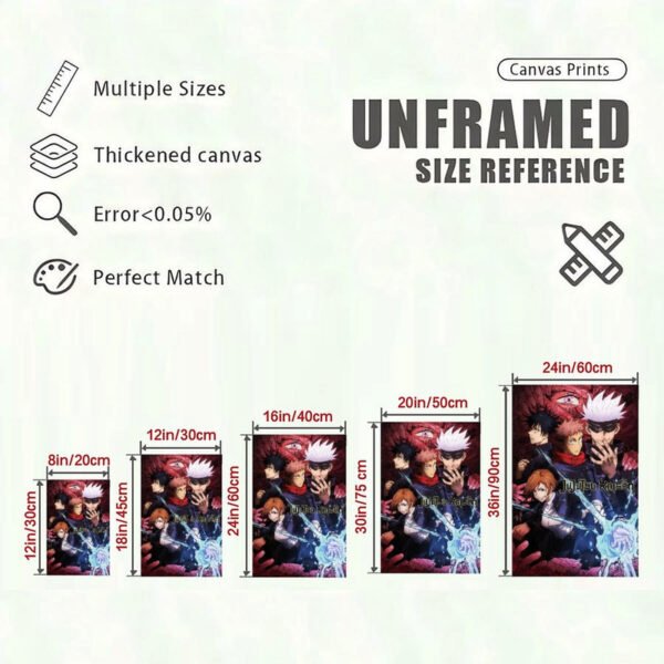 Jujutsu Kaisen canvas print size reference chart showing multiple dimensions from 8x12 to 24x36 inches with quality specifications.