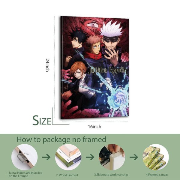 Jujutsu Kaisen framed canvas print showing 16x24 inch dimensions with 4-step professional packaging and framing process illustration.