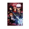 Jujutsu Kaisen canvas art featuring main characters Yuji Itadori, Megumi Fushiguro, Nobara Kugisaki, and Satoru Gojo with dramatic supernatural background effects.