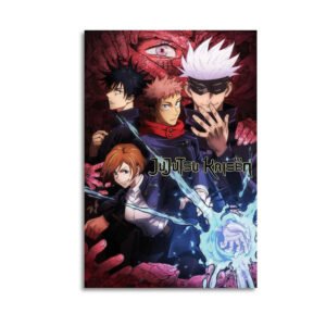 Jujutsu Kaisen canvas art featuring main characters Yuji Itadori, Megumi Fushiguro, Nobara Kugisaki, and Satoru Gojo with dramatic supernatural background effects.