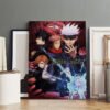 Jujutsu Kaisen poster featuring Gojo Satoru and main characters displayed in studio setting with frames.