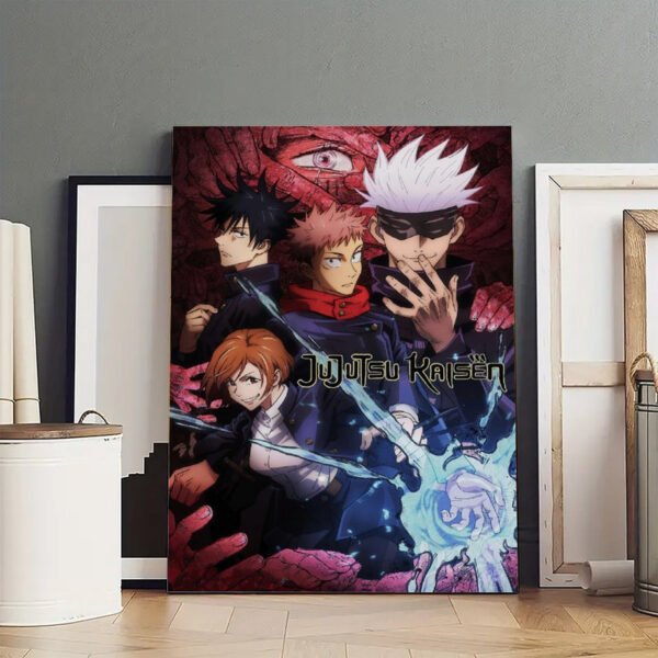 Jujutsu Kaisen poster featuring Gojo Satoru and main characters displayed in studio setting with frames.