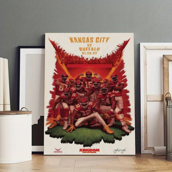 Kansas City Chiefs vs Buffalo Bills playoff poster from January 23 2022 showing team huddle in red uniforms with Kingdom Poster Series branding