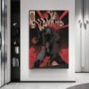 The Kanye West comic book canvas art shown hanging on a white wall in a stylish, modern home. The large print serves as a focal point next to a black bookshelf and sleek grey floors.