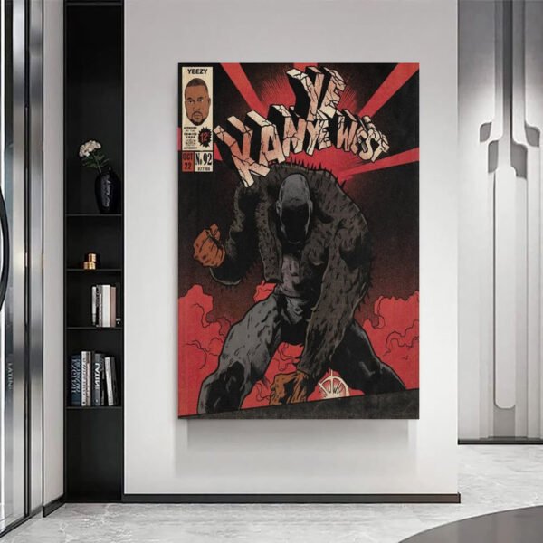 The Kanye West comic book canvas art shown hanging on a white wall in a stylish, modern home. The large print serves as a focal point next to a black bookshelf and sleek grey floors.