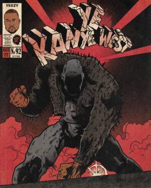 A vintage-style comic book cover featuring Kanye West, titled "Kanye West." The artwork depicts a powerful, muscular, Hulk-like figure against a dramatic red background, capturing a mythic and powerful tone.