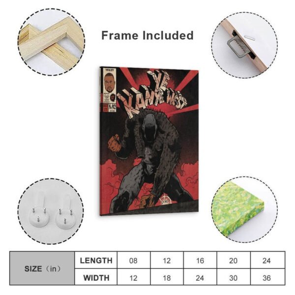 A product details image of the Kanye West comic art canvas, showing that a frame is included, a close-up of the wooden frame structure, the included sawtooth hanger and wall hooks, and a size chart with length and width in inches.