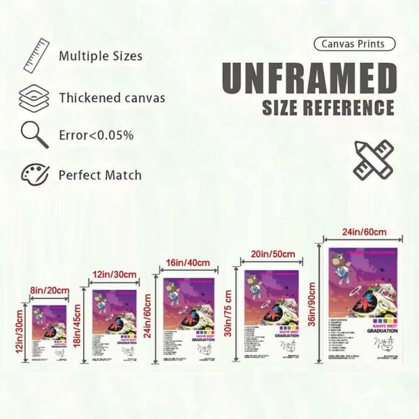 Kanye West Graduation album poster canvas print size reference chart showing 5 different dimensions from 8x12 to 24x36 inches