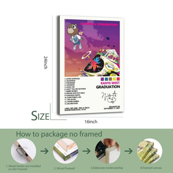 Kanye West Graduation album poster 16x24 inches with complete track listing and wood frame packaging installation guide